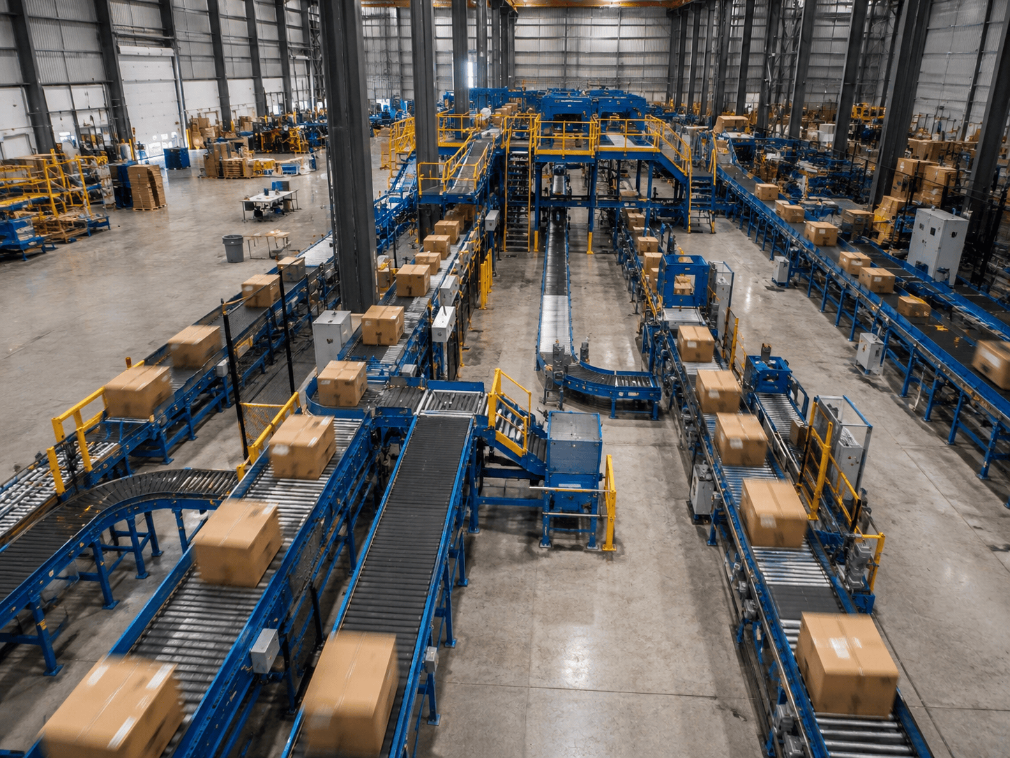 Cardboard boxes moving quickly across an automated warehouse conveyor system