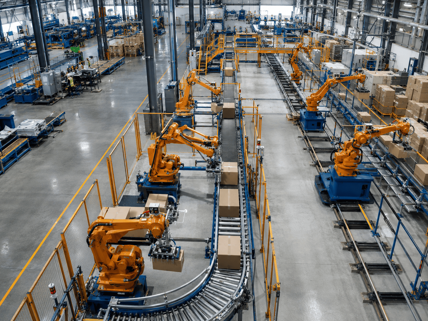 Robotic arms handling boxes on an automated conveyor line inside a manufacturing facility