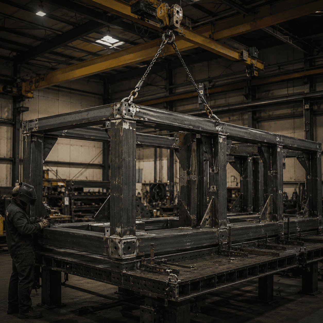Large structural steel and industrial metalwork inside a fabrication shop