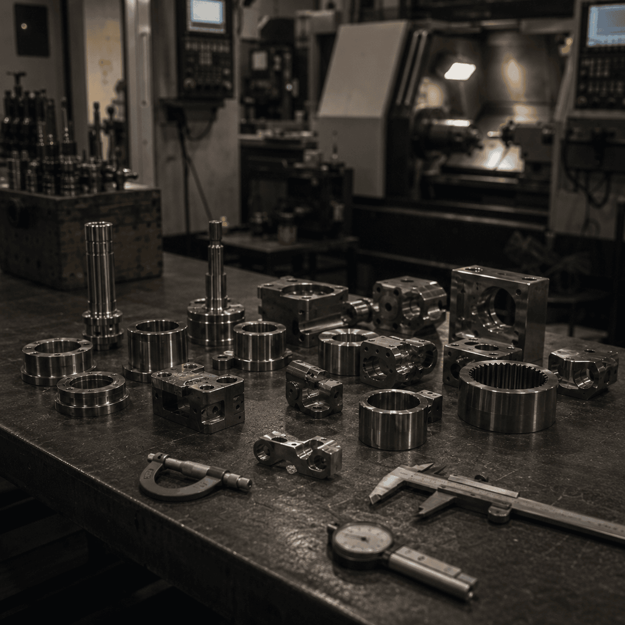 Precision machined metal components arranged for inspection inside a machine shop