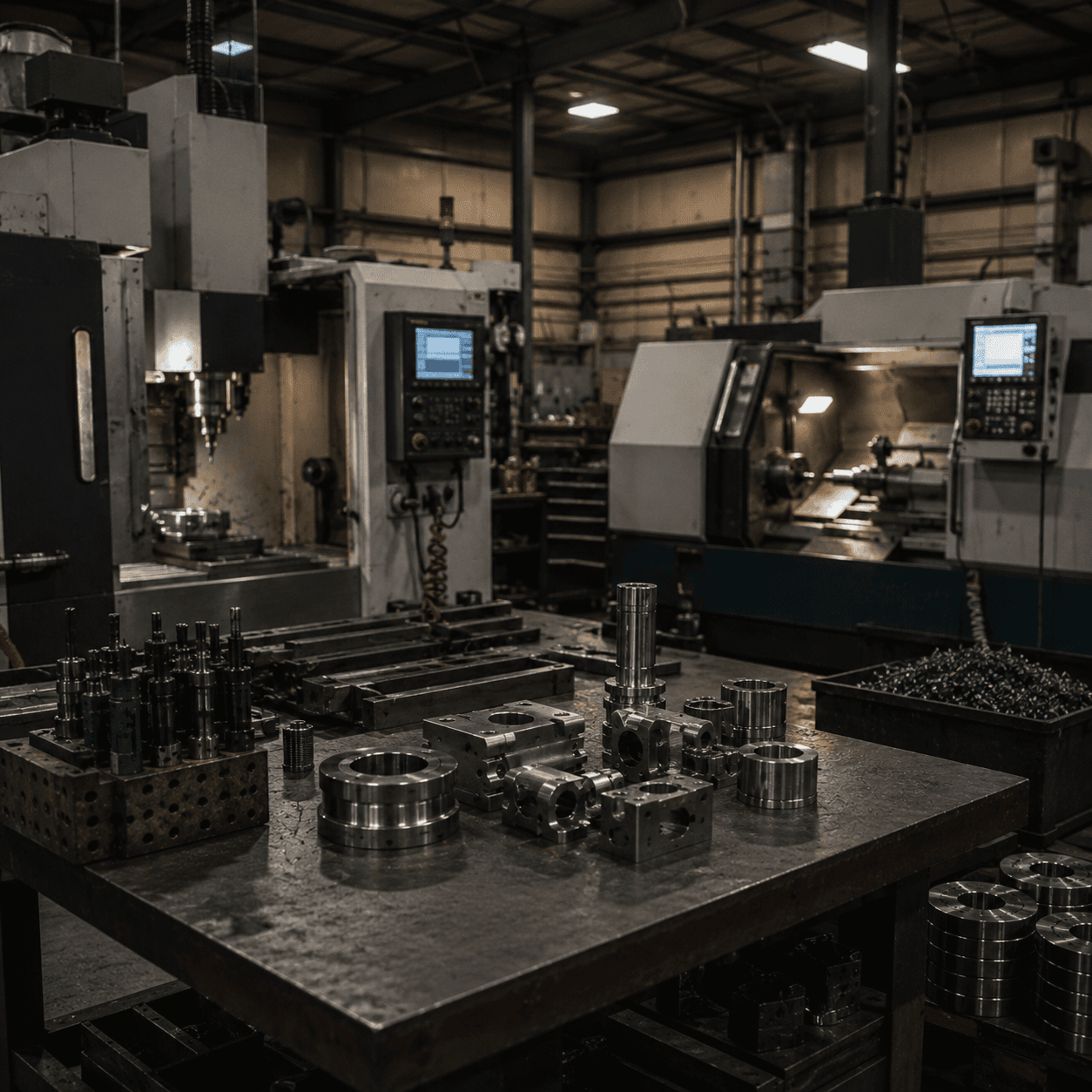 CNC machining department with milling and turning equipment used for precision industrial parts