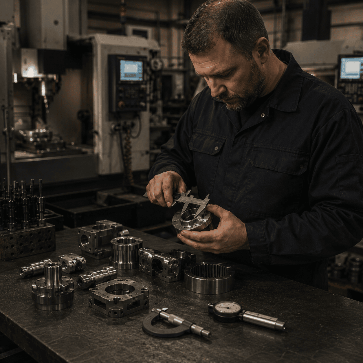 Machine shop technician inspecting a precision machined component with measuring tools