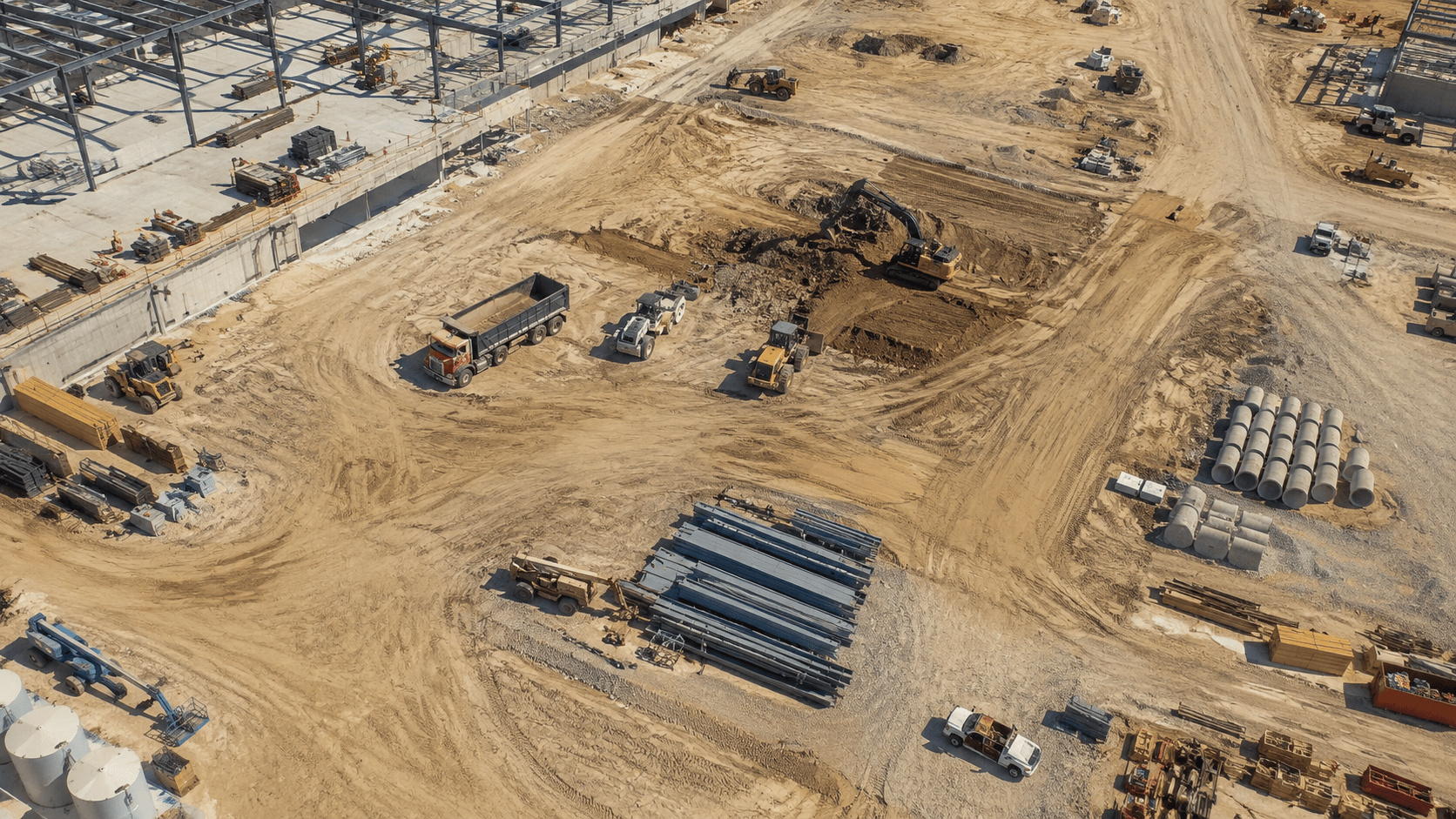 Aerial view of an active industrial construction site with equipment, materials, and site work in progress