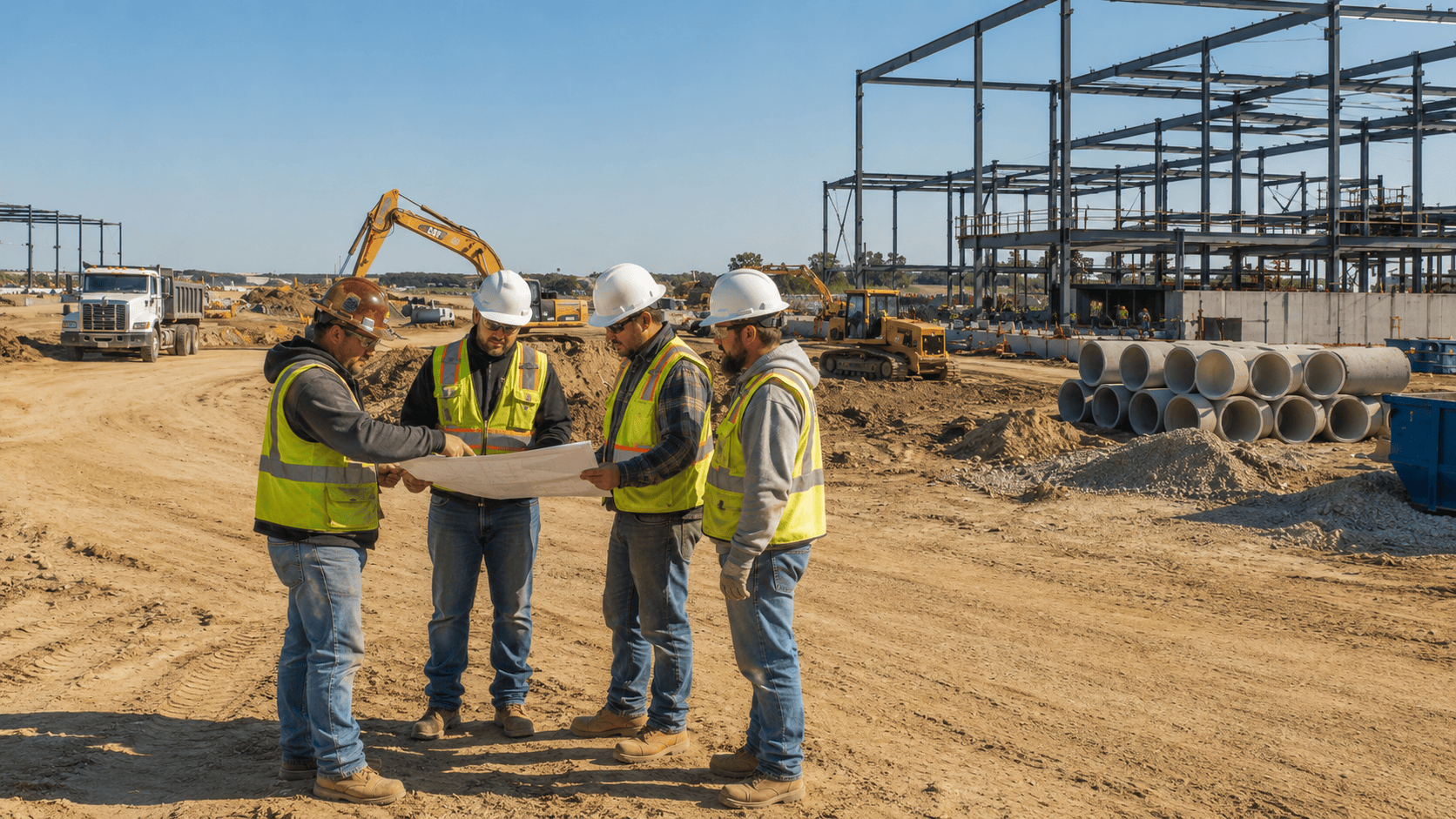Construction workers reviewing work on a commercial or industrial jobsite during a facility improvement project