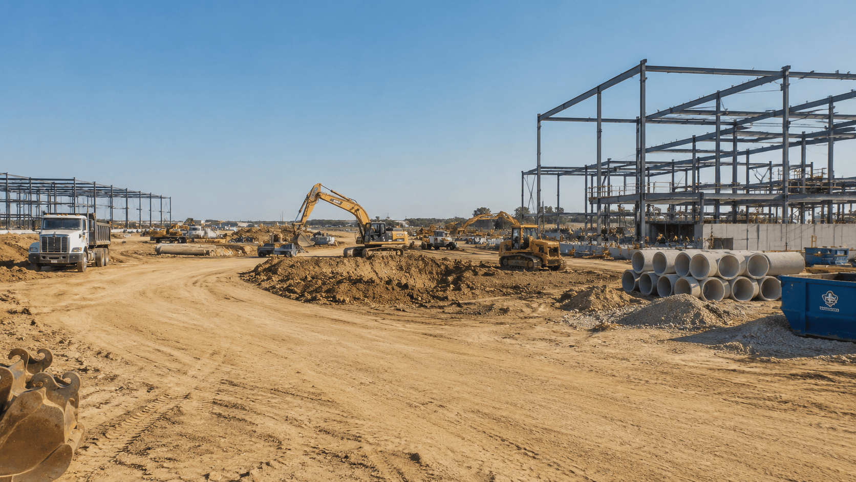 Commercial construction project with framed structures, jobsite access roads, and development work underway